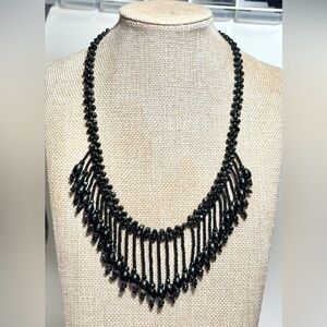 Vintage Black Beaded Fringe Statement Necklace